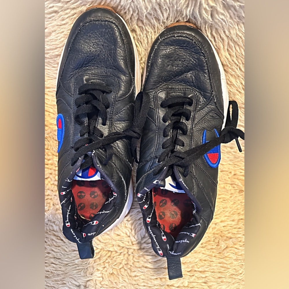 Champion Soft Leather Black Sneakers with Blue & Red Logo Accents